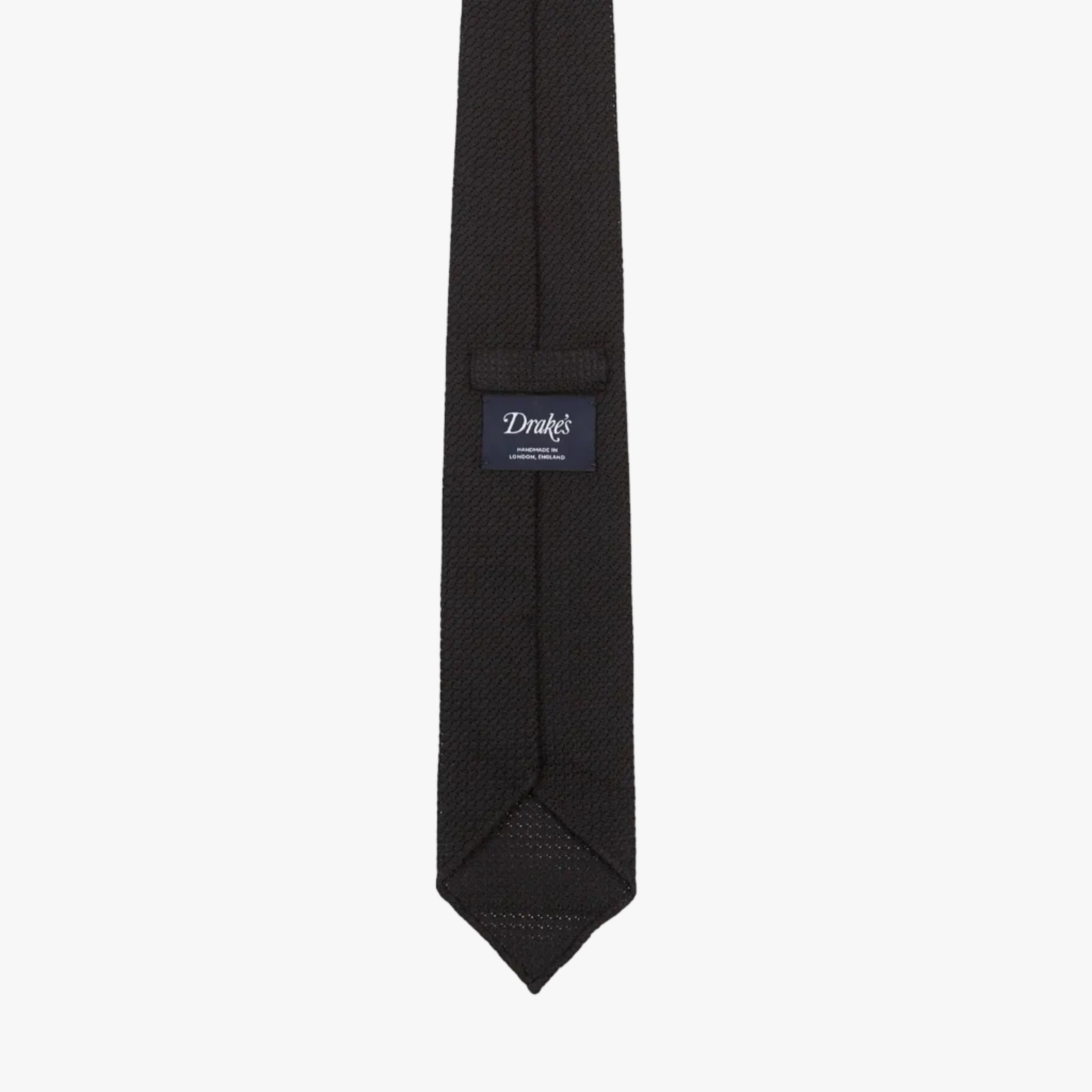 Drake’s Hand Rolled Large Knot Grenadine Tie Black Brand Label Detail