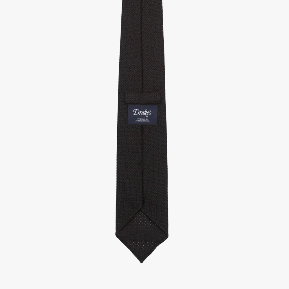 Drake’s Hand Rolled Large Knot Grenadine Tie Black Brand Label Detail
