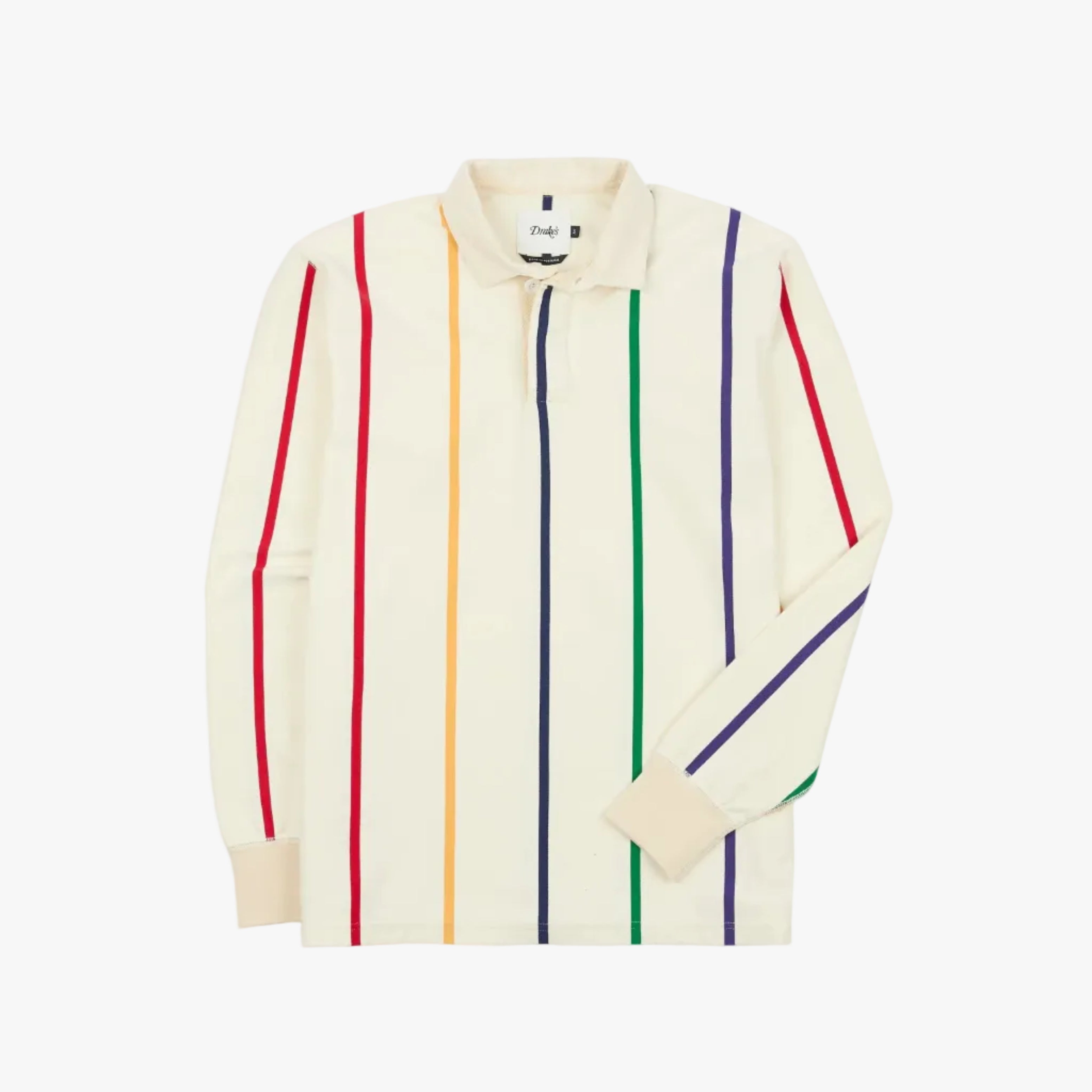 Drake’s Primary Vertical Stripe Cotton Rugby Shirt White Multi Front View