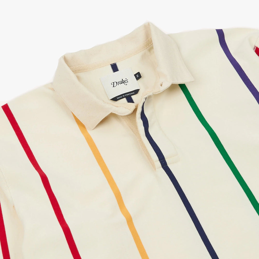 Drake’s Primary Vertical Stripe Cotton Rugby Shirt White Multi Rugby Collar Detail