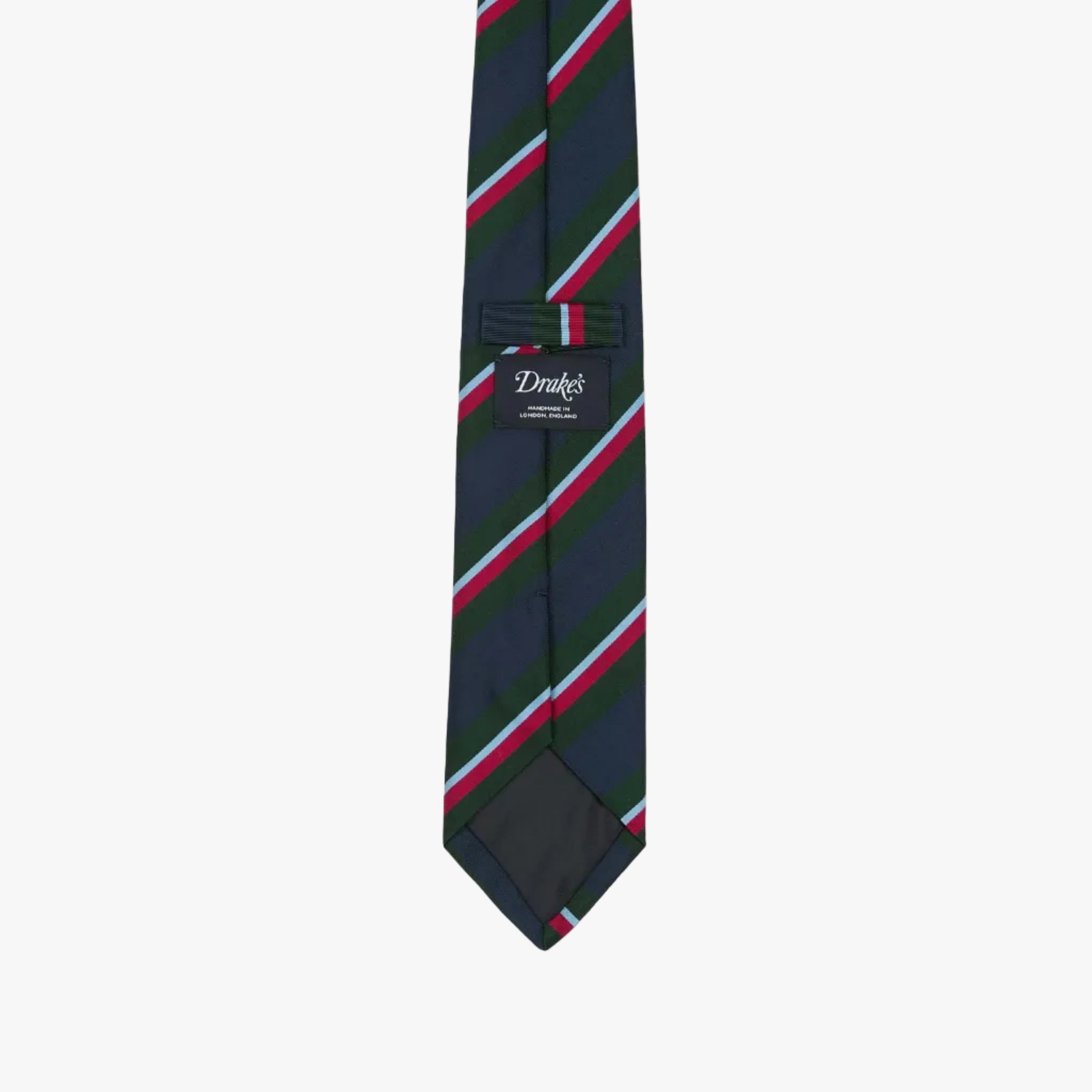 Drake’s Regimental Stripe Mogador Cotton-Silk Tipped Tie Green Navy Brand Label Detail