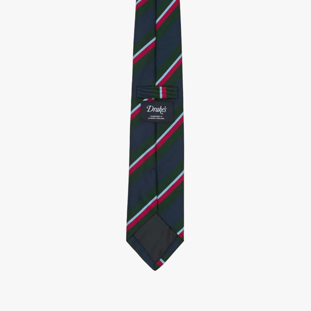Drake’s Regimental Stripe Mogador Cotton-Silk Tipped Tie Green Navy Brand Label Detail