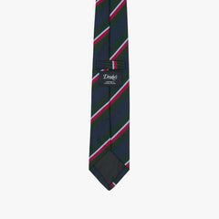 Drake’s Regimental Stripe Mogador Cotton-Silk Tipped Tie Green Navy Brand Label Detail