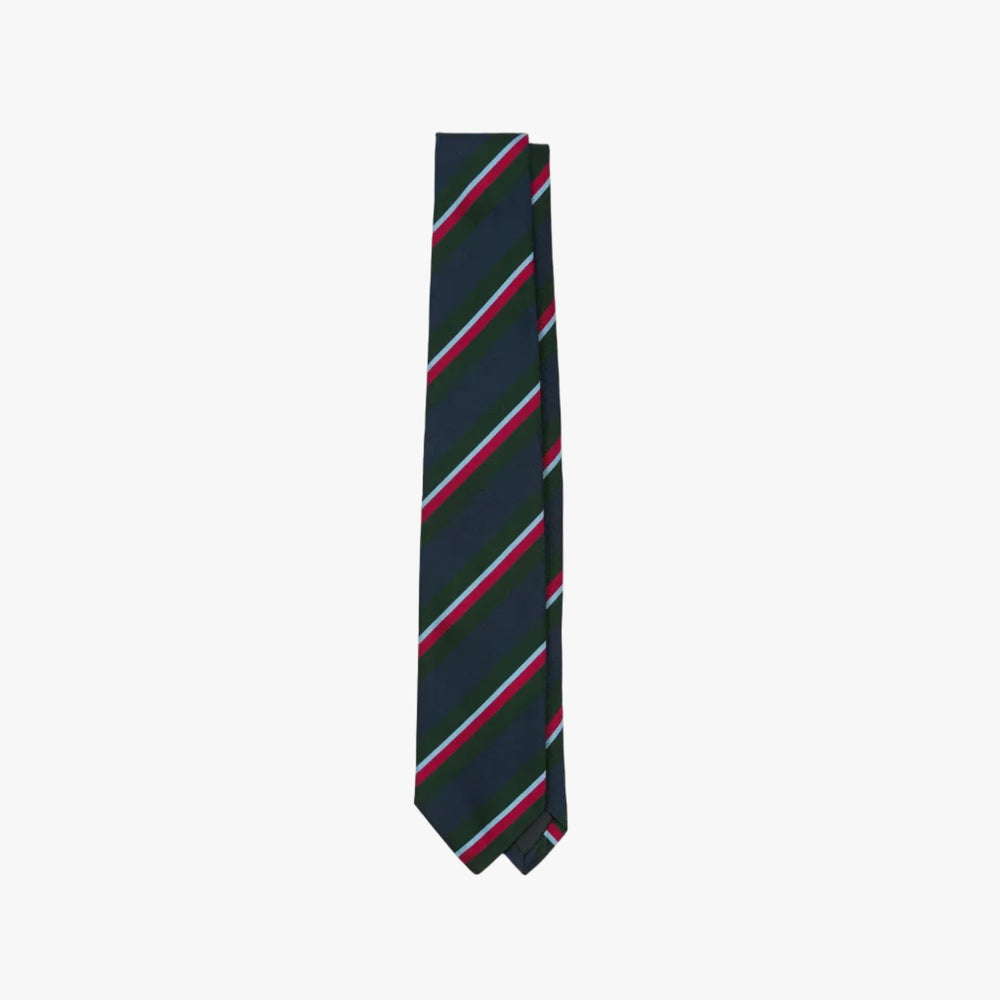 Drake’s Regimental Stripe Mogador Cotton-Silk Tipped Tie Green Navy Full View