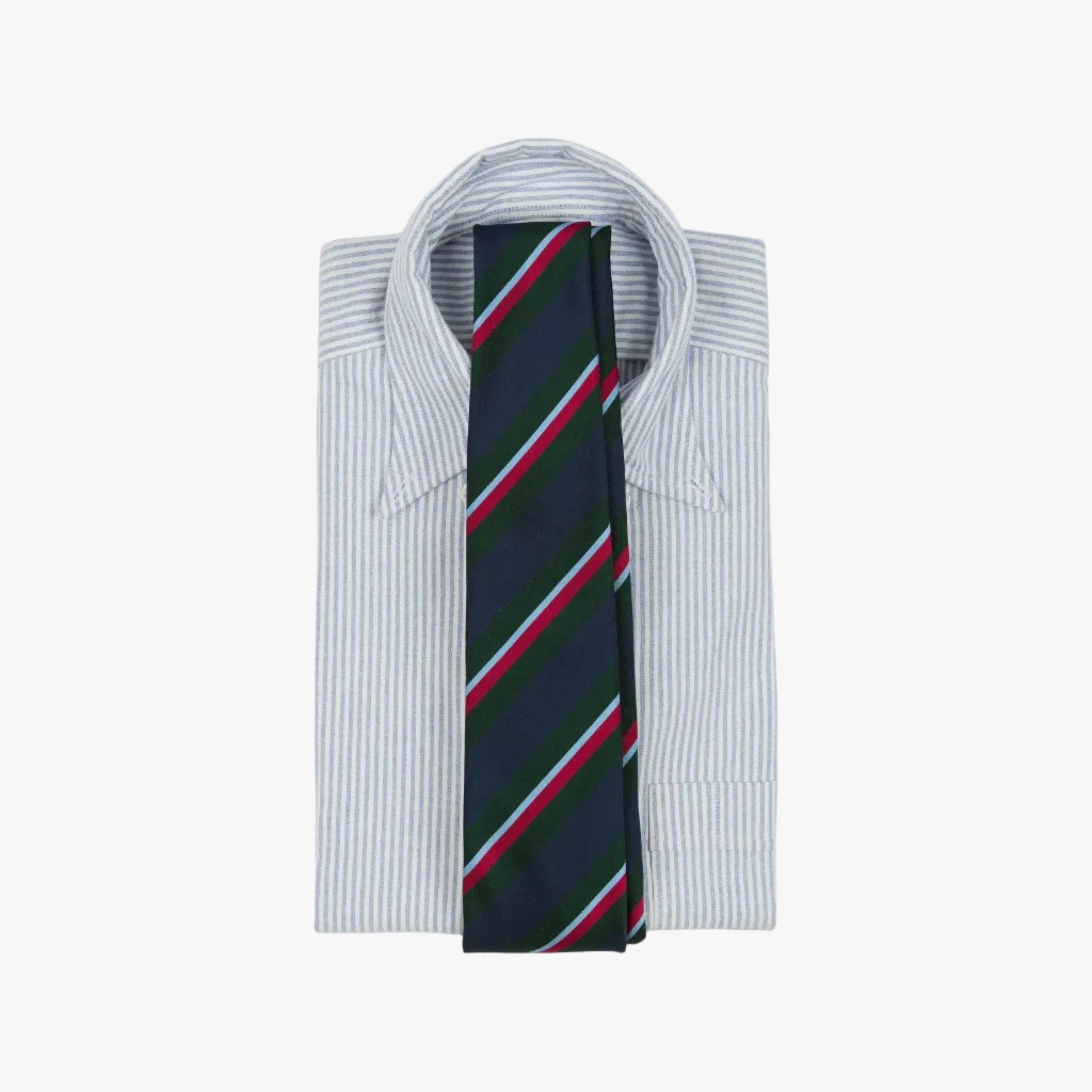 Drake’s Regimental Stripe Mogador Cotton-Silk Tipped Tie Green Navy Stripe Detail