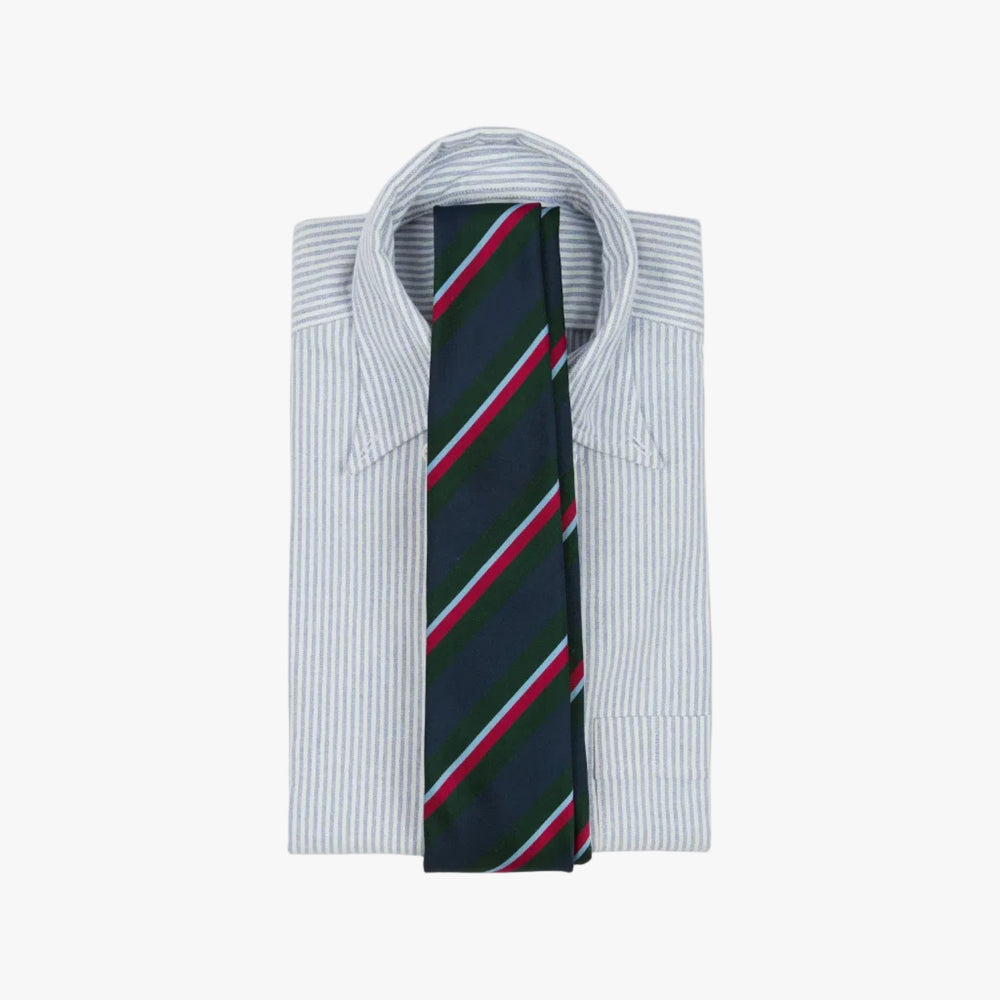 Drake’s Regimental Stripe Mogador Cotton-Silk Tipped Tie Green Navy Stripe Detail