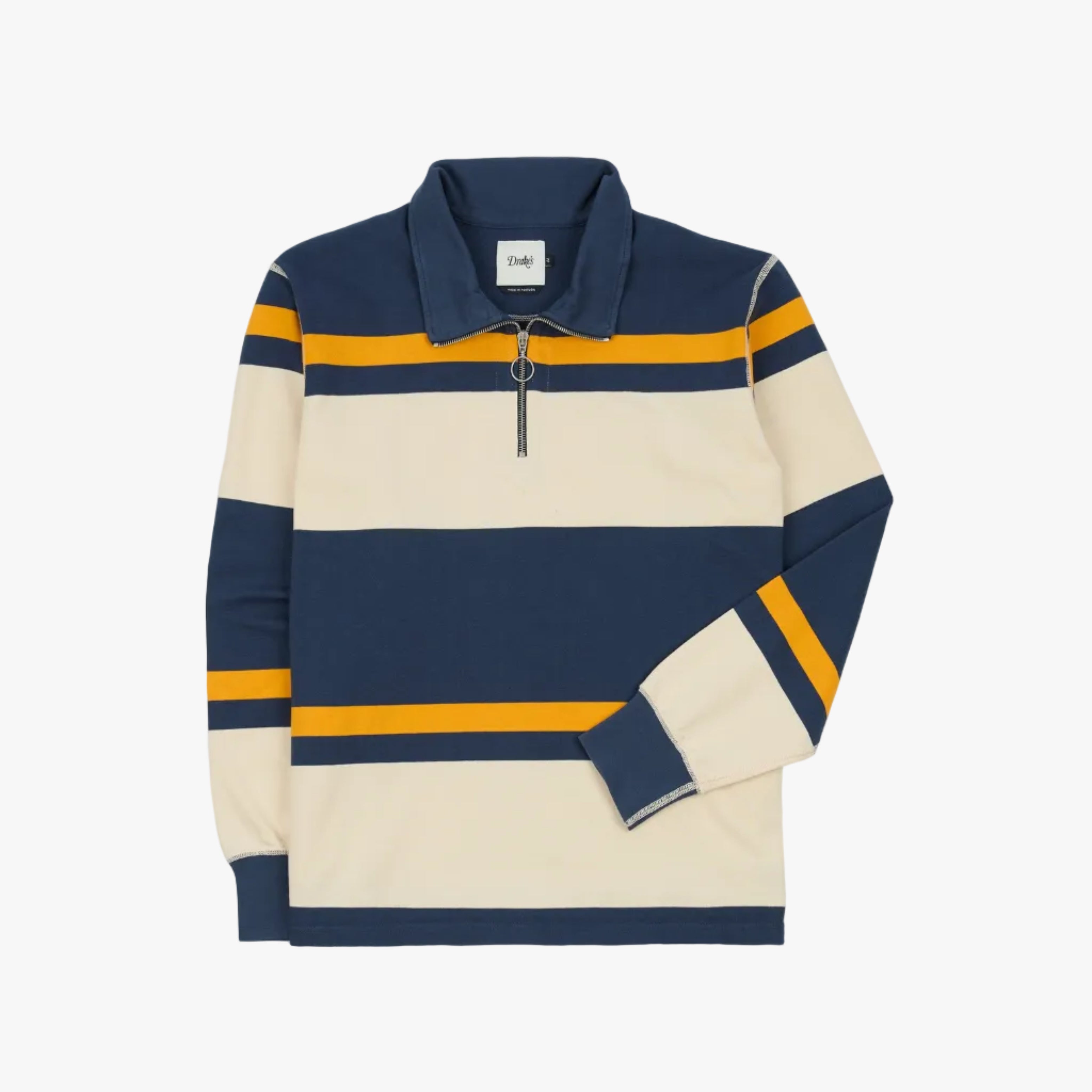 Drake’s Stripe Cotton Quarter Zip Rugby Shirt Navy and Yellow Front View