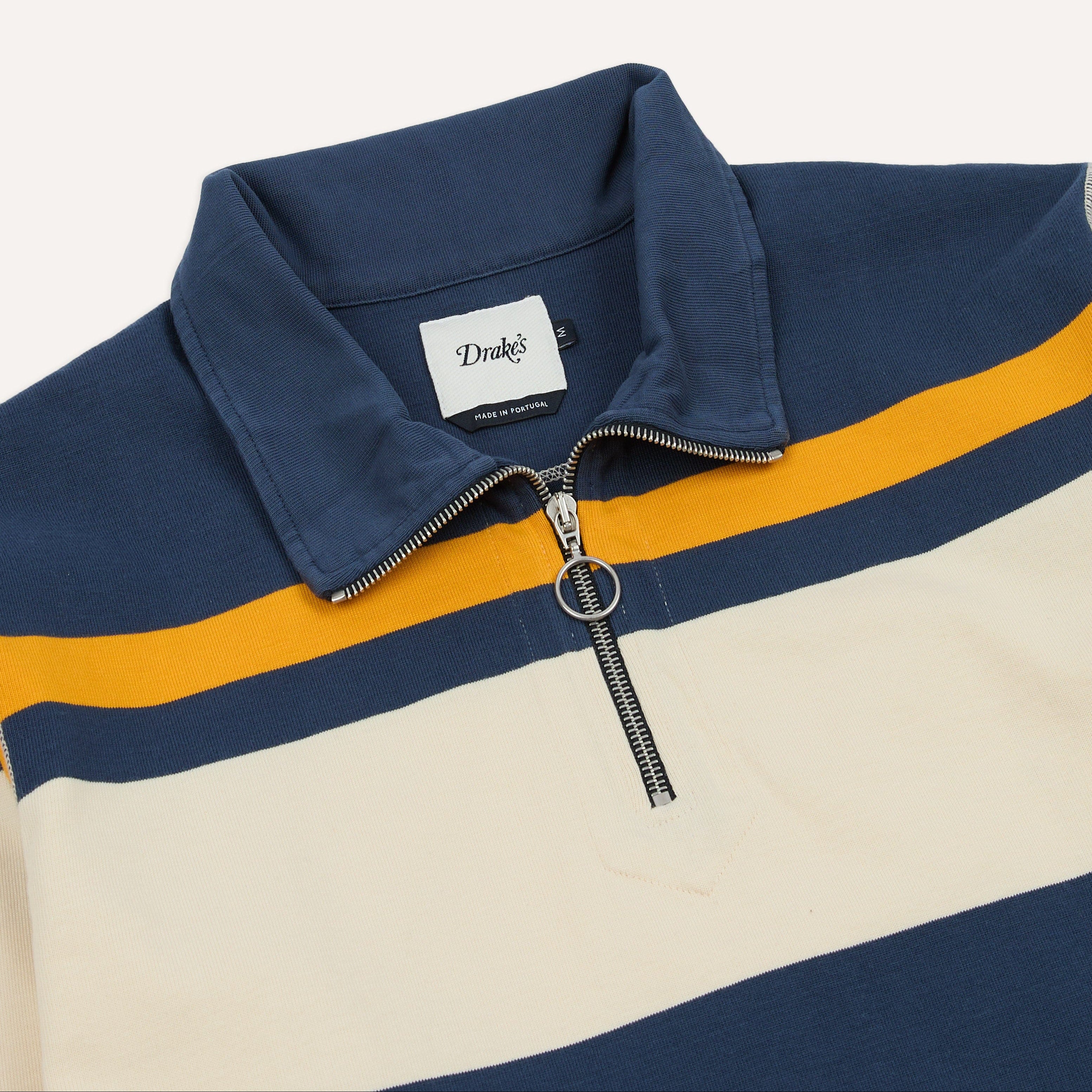 Drake’s Stripe Cotton Quarter Zip Rugby Shirt Navy and Yellow Rugby Collar Detail