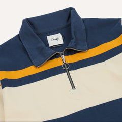 Drake’s Stripe Cotton Quarter Zip Rugby Shirt Navy and Yellow Rugby Collar Detail