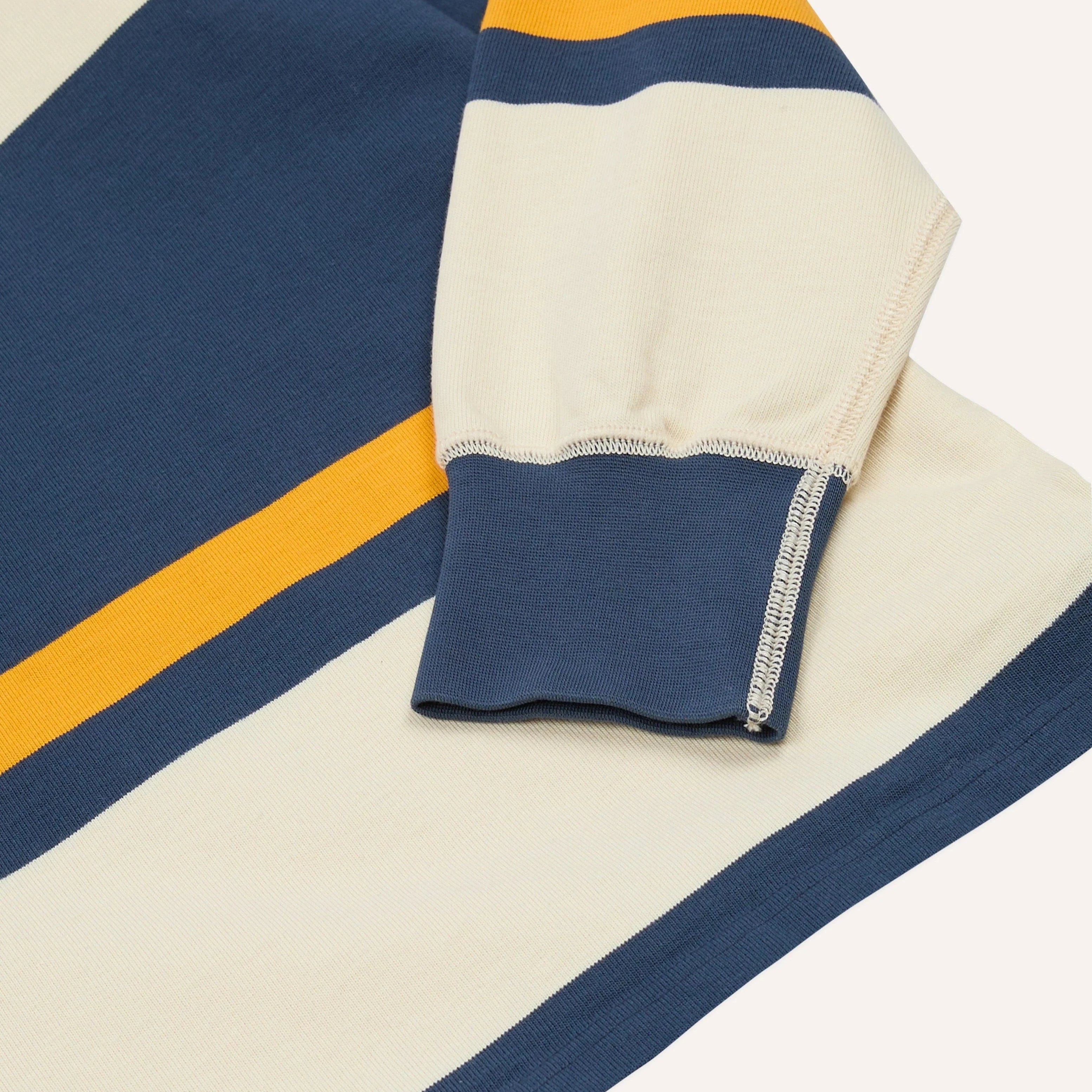 Drake’s Stripe Cotton Quarter Zip Rugby Shirt Navy and Yellow Stripe Detail