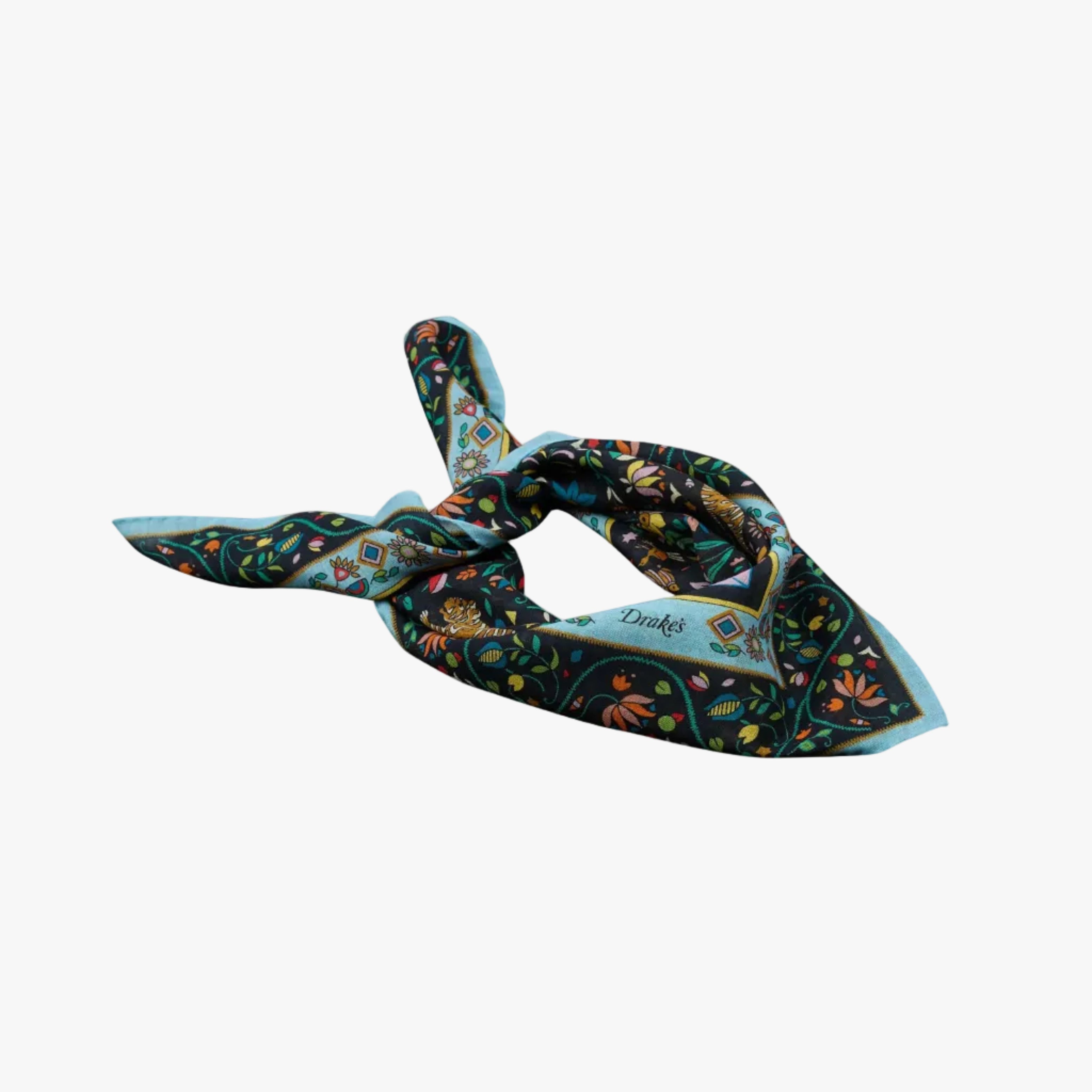 Drake’s Tiger Garden Print Wool-Silk Bandana Navy Border Detail