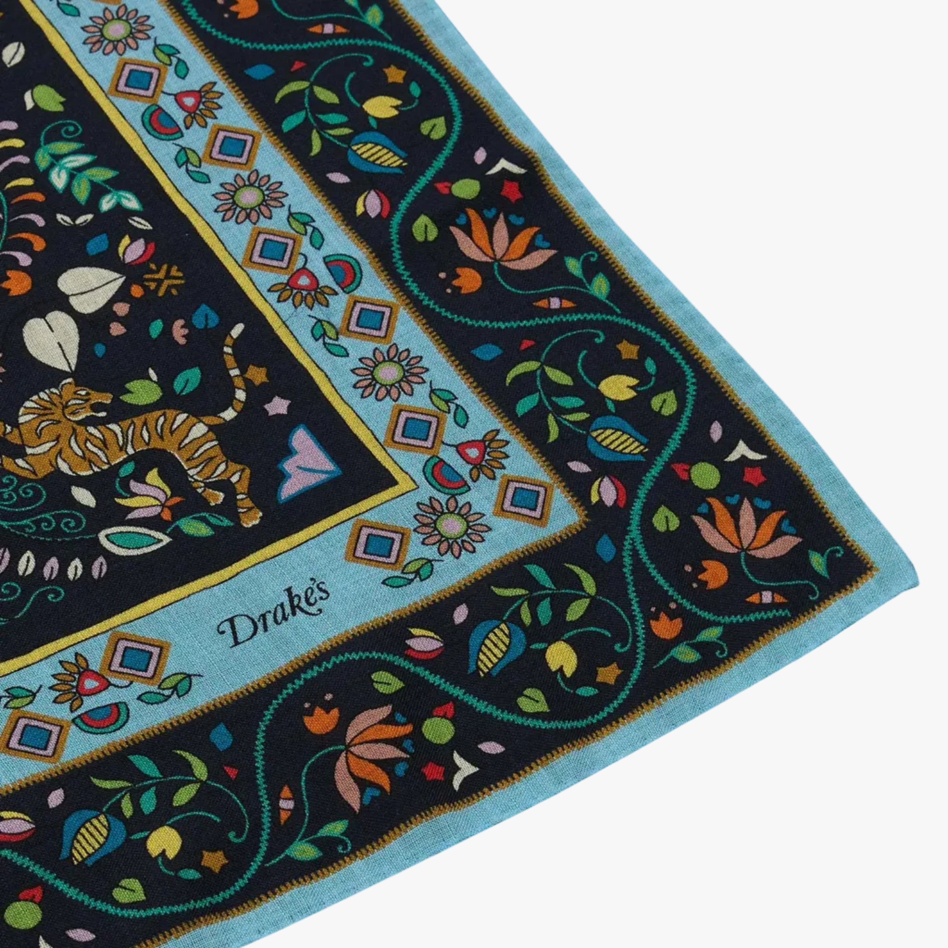 Drake’s Tiger Garden Print Wool-Silk Bandana Navy Brand Label Detail