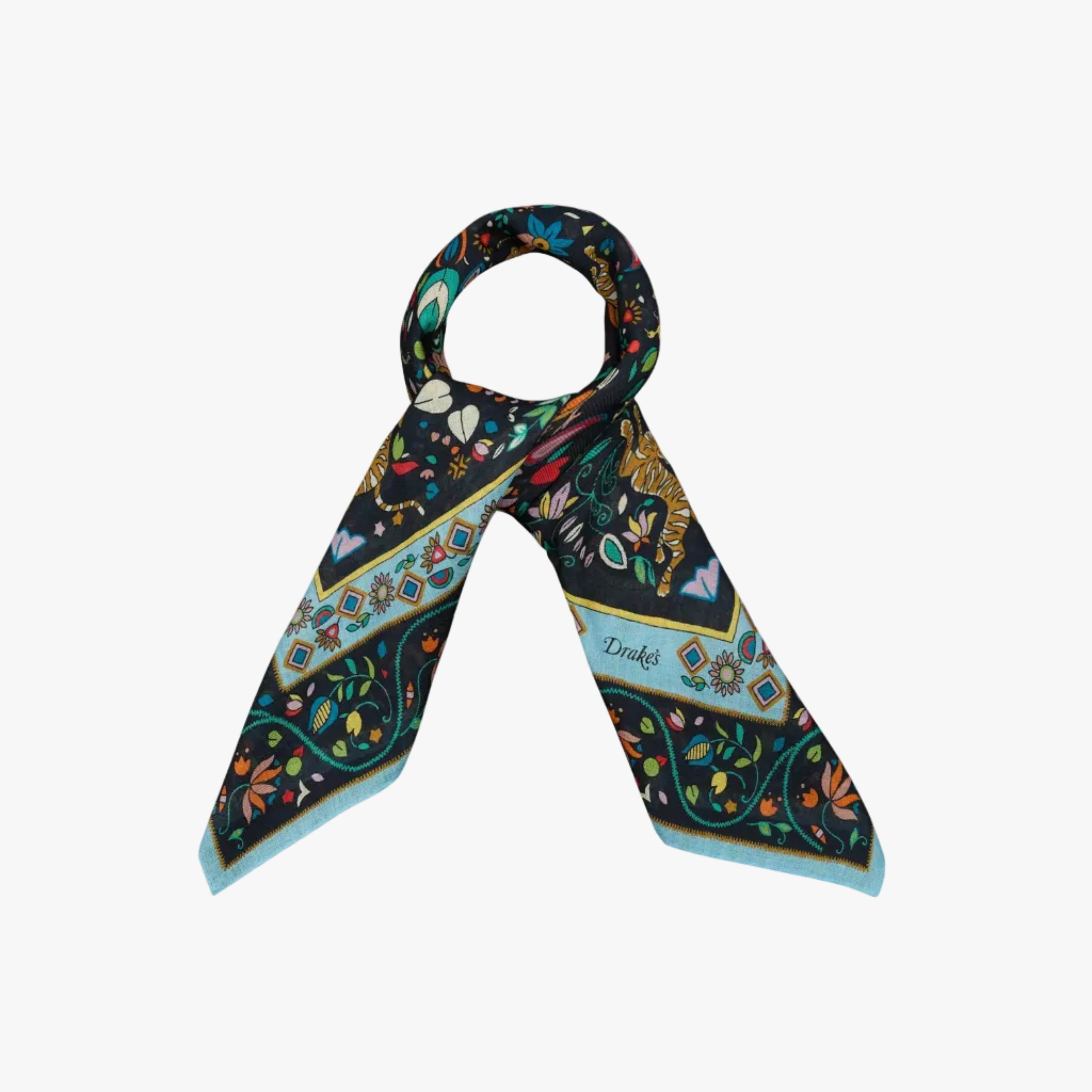Drake’s Tiger Garden Print Wool-Silk Bandana Navy Print Detail