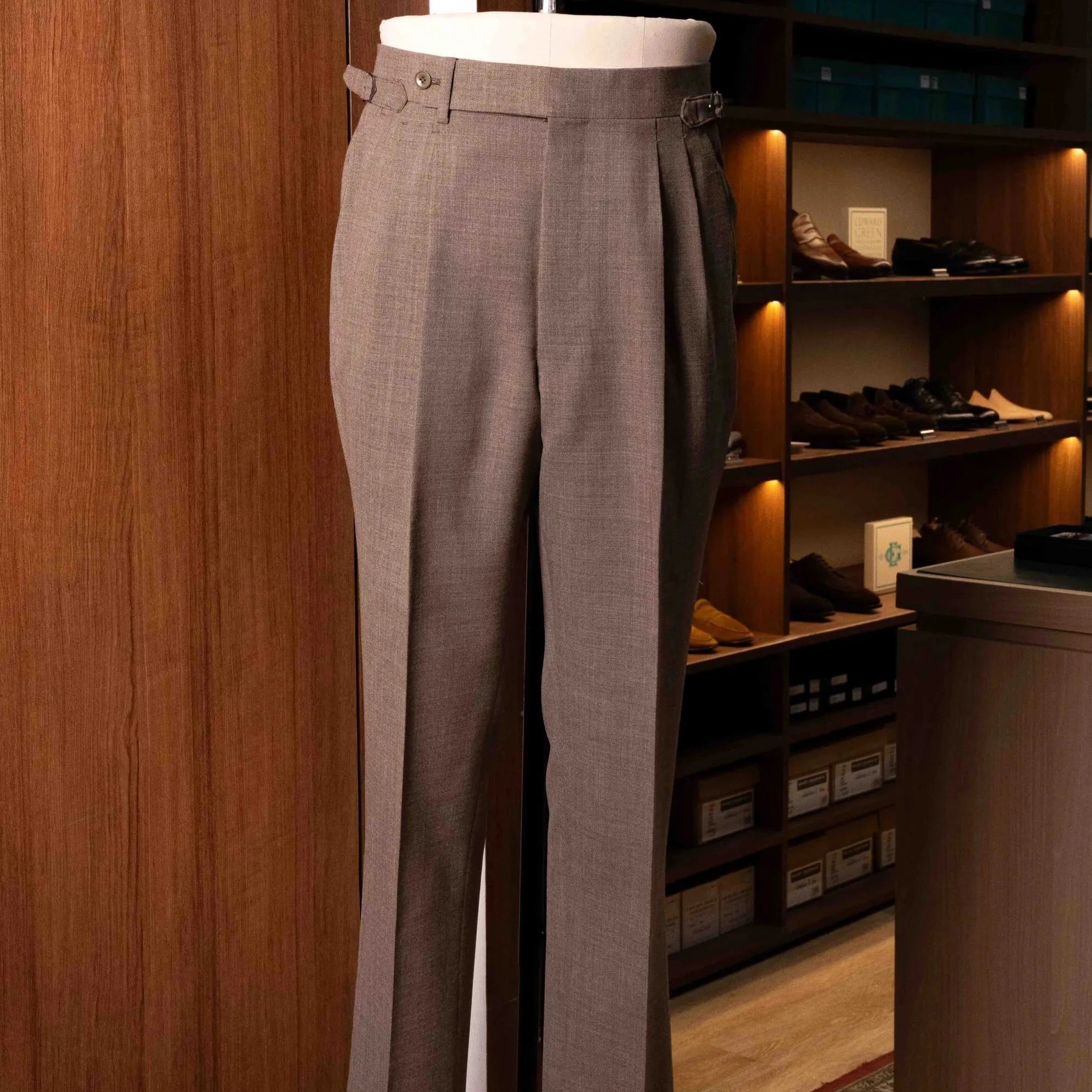 Front view of the Drummers Trousers Beige showing the clean tailored silhouette, straight leg profile, and warm beige tone.