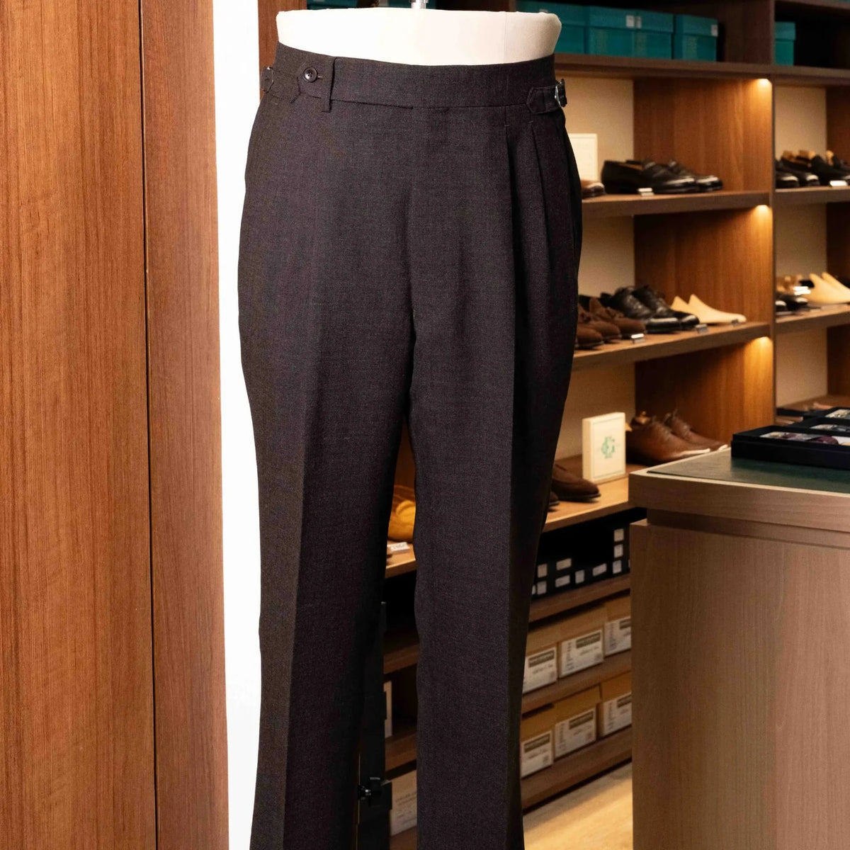 Front view of the Drummers Trousers Brown showing the straight-leg silhouette, clean tailoring, and warm brown tone.