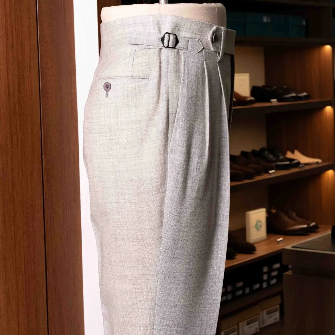 Close-up of the pocket stitching showing pocket shape, seam work, and clean tailoring.