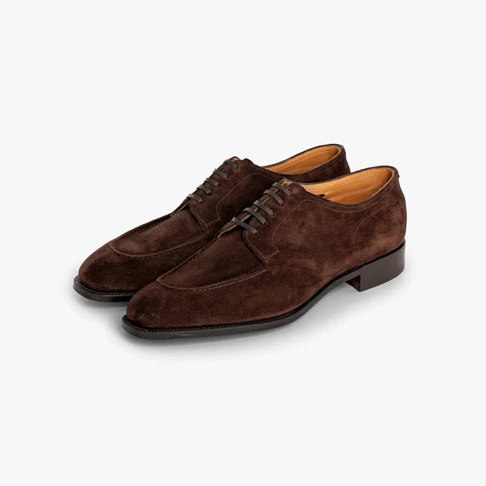 Front angle view of the Edward Green Dover 606 in Mink Suede, showing the handsewn split toe.