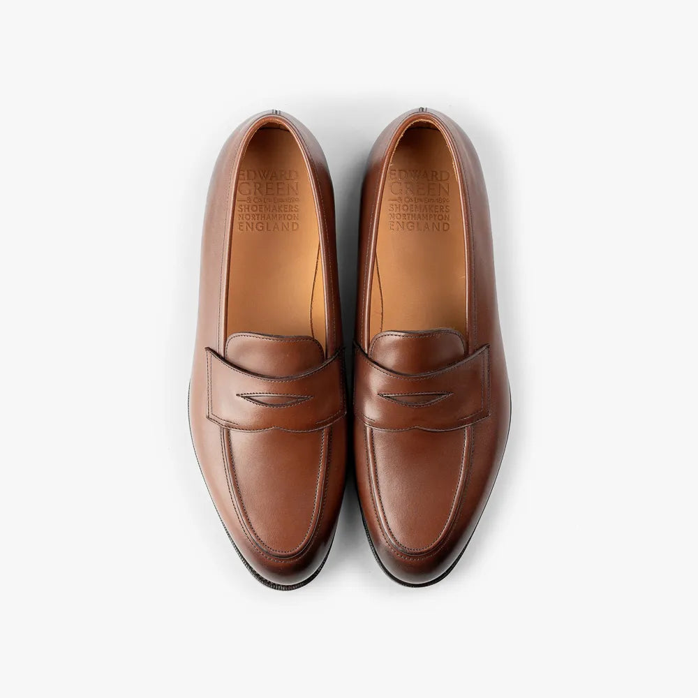 Top-down view of the Edward Green Piccadilly 184 emphasizing the penny strap and elegant loafer shape.