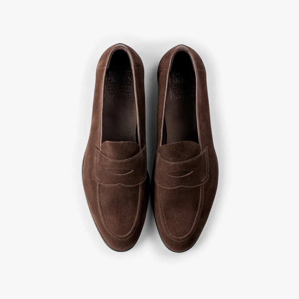 Top-down view of the Edward Green Piccadilly Unlined loafer showing the penny strap and elegant loafer shape.