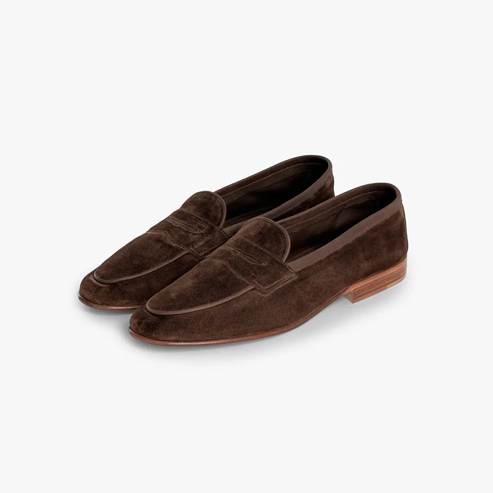 Front angle view of the Edward Green Polperro 389 in Brown Pepper Baby Calf Suede, showing the clean Belgian-style loafer silhouette.