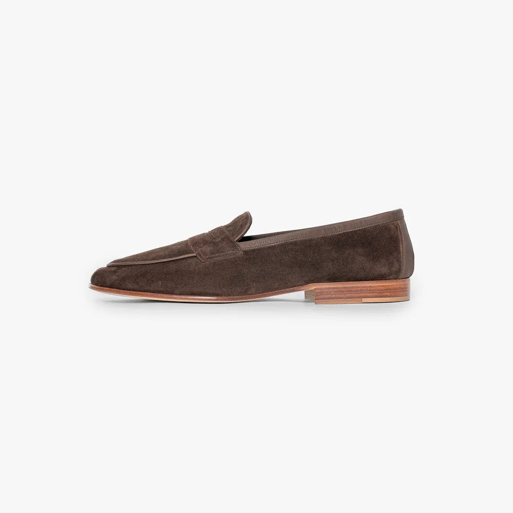 Side profile of the Edward Green Polperro 389 in Brown Pepper Baby Calf Suede highlighting the soft suede and minimalist lines.