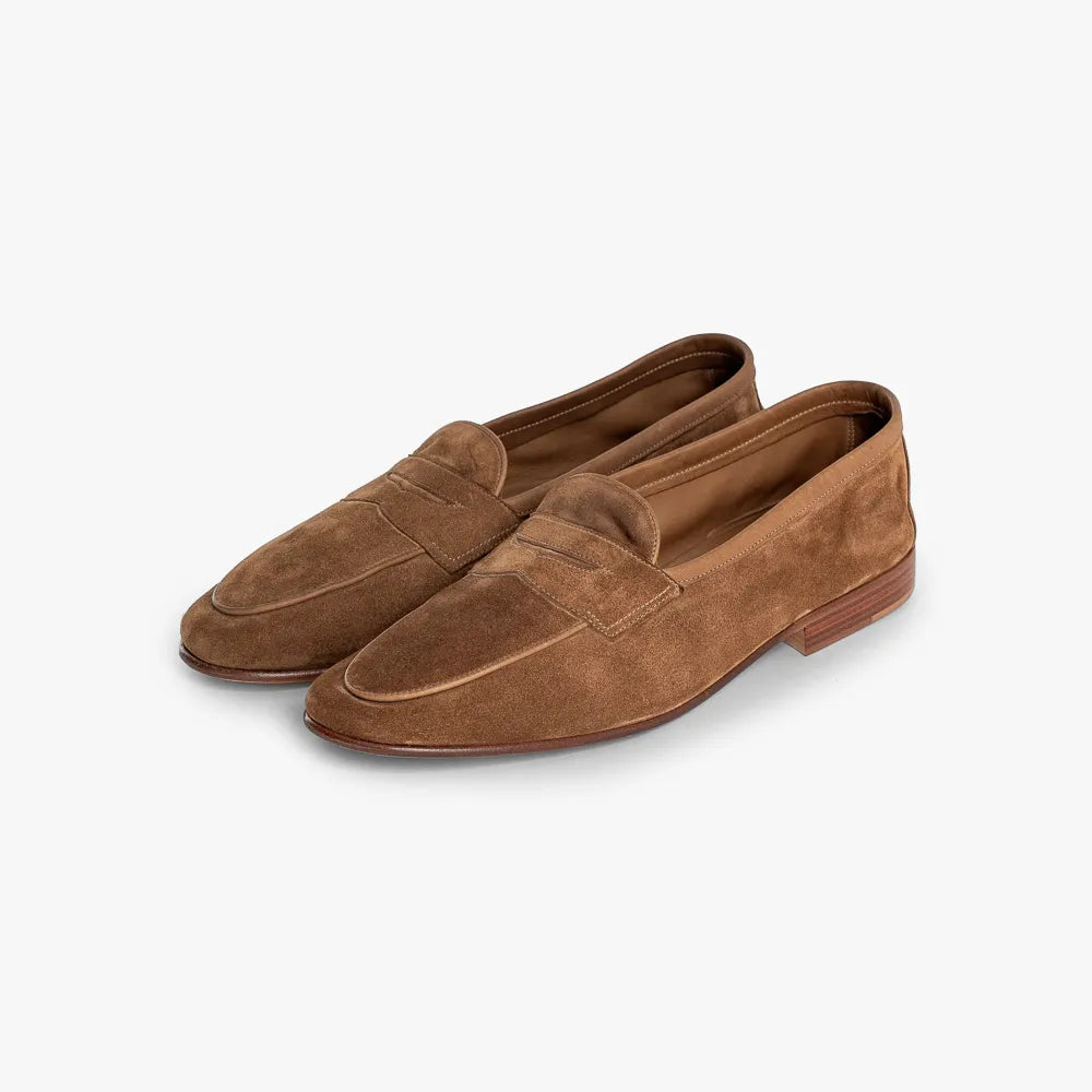 Front angle view of the Edward Green Polperro 389 in Camel Baby Calf Suede, showing the clean Belgian-style loafer silhouette.