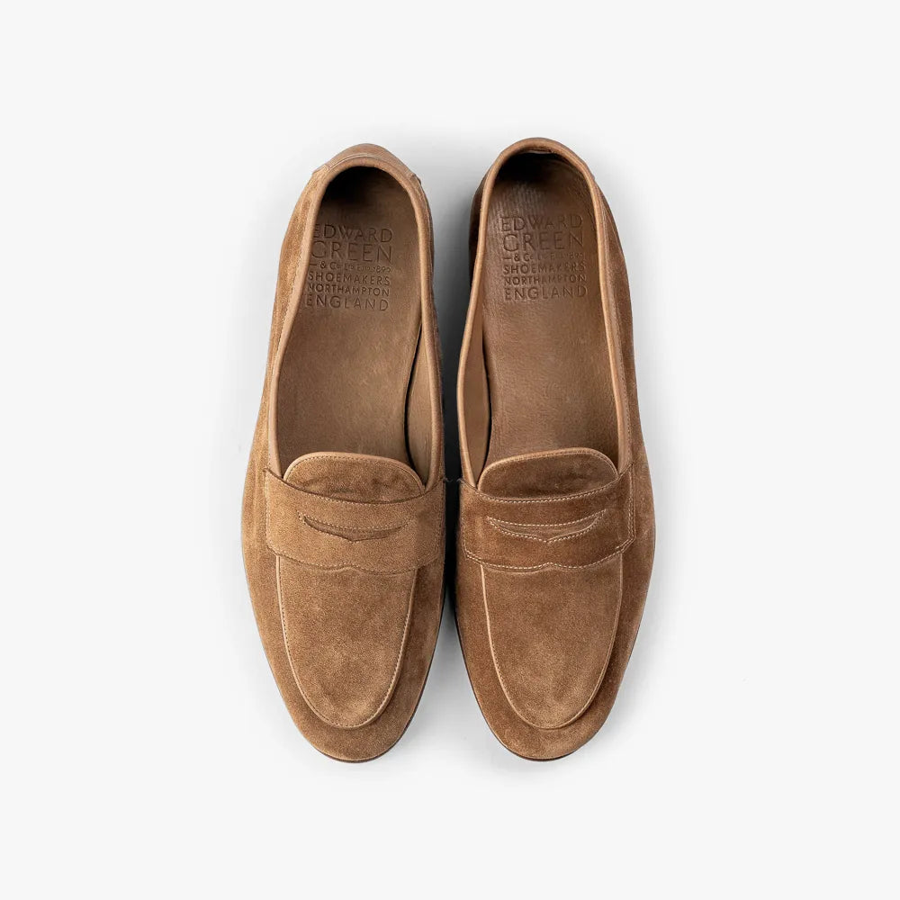 Top-down view of the Edward Green Polperro 389 emphasizing the sleek apron and elegant loafer shape.