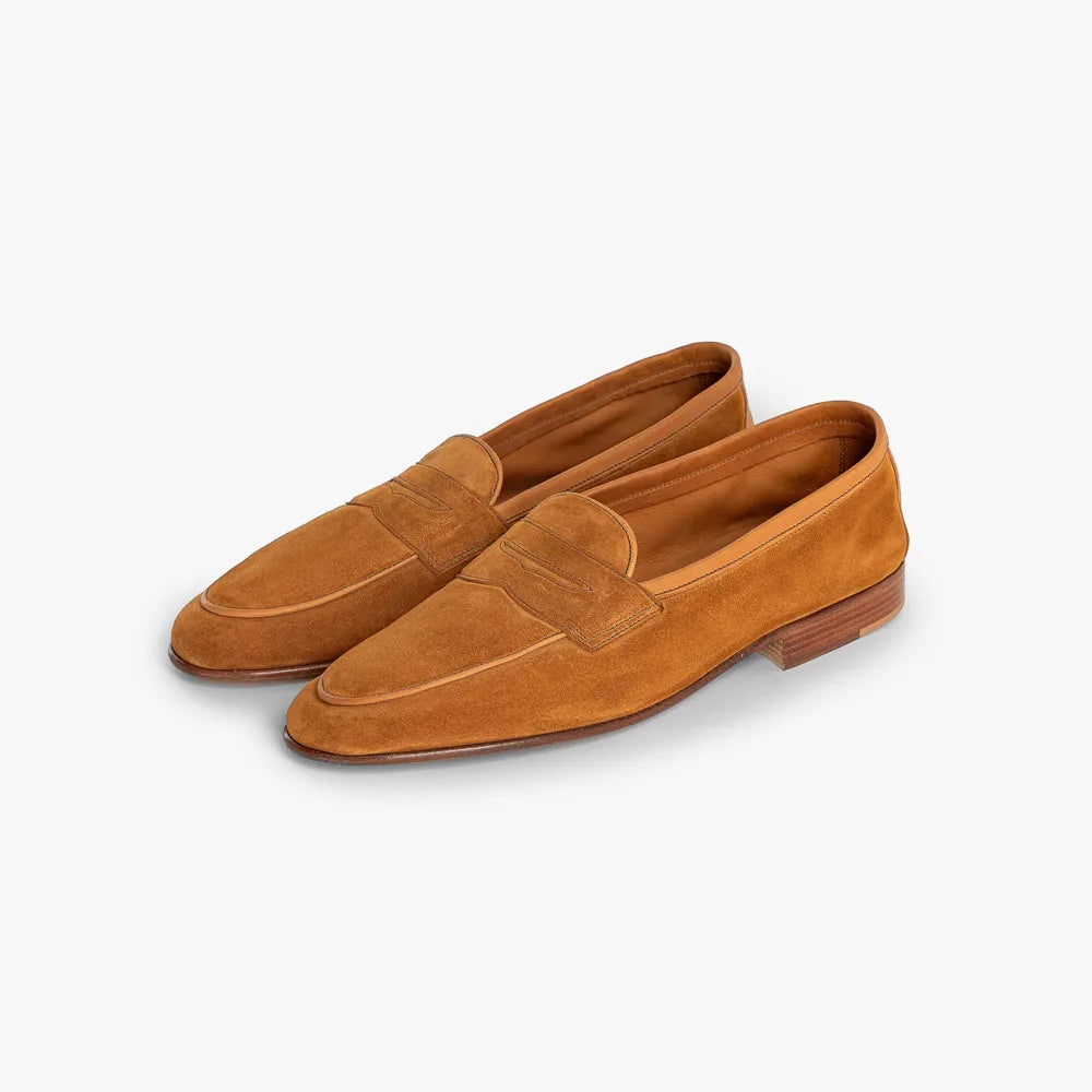 Front angle view of the Edward Green Polperro 389 in Mace Baby Calf Suede, showing the clean Belgian-style loafer silhouette.