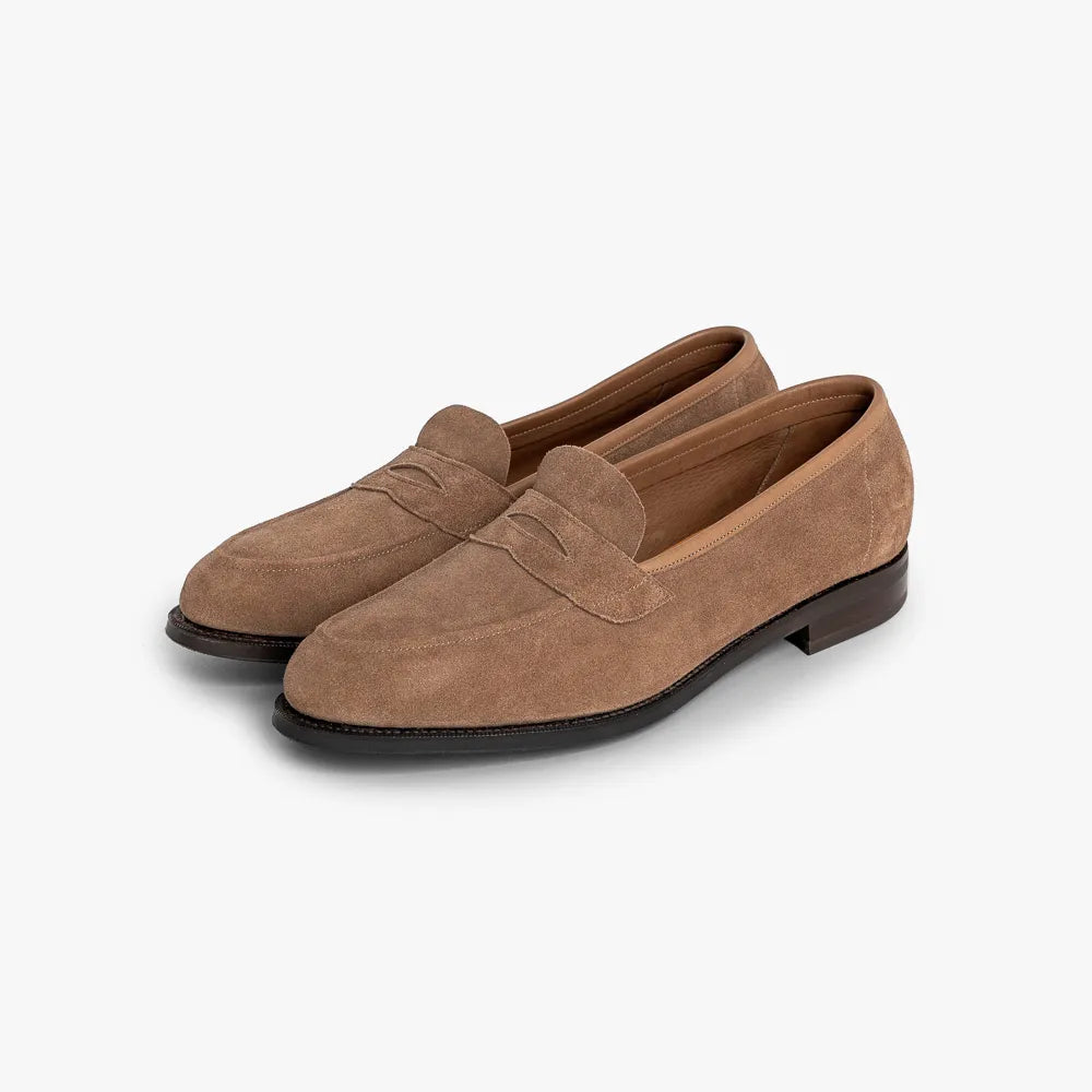 Front angle view of the Edward Green Ventnor 184 in Mink Suede, highlighting the refined loafer silhouette.