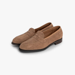 Front angle view of the Edward Green Ventnor 184 in Mink Suede, highlighting the refined loafer silhouette.
