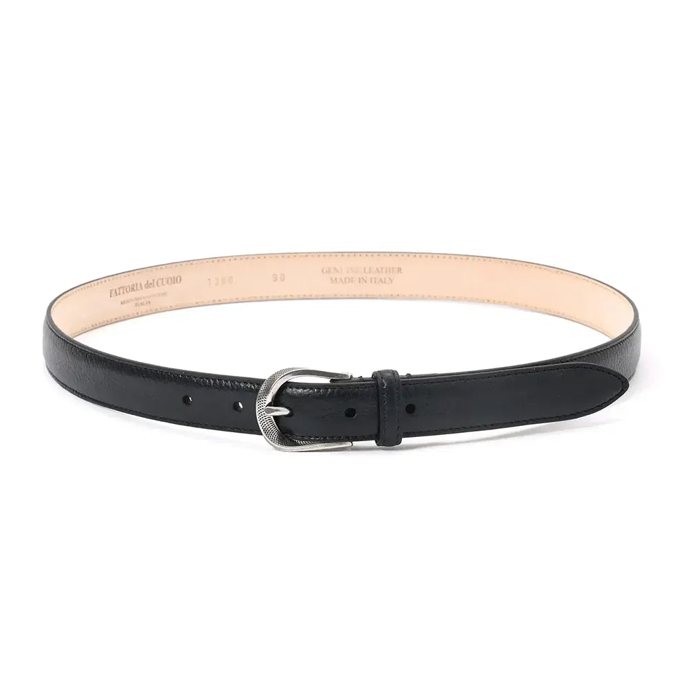 Front view of Fattoria Del Cuoio Twist Buckle Shrink Embossed Leather Belt in Black