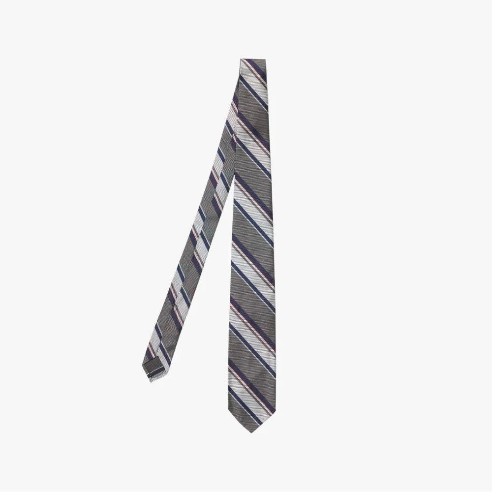 Full view of the F.Marino Navy/Grey 231-003 Silk Tie showing the refined striped design and hand-crafted Neapolitan construction.
