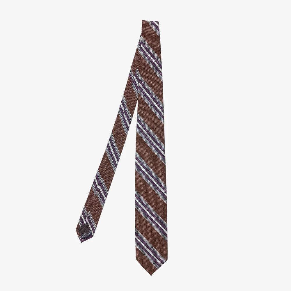 Full view of the F.Marino Striped Brown 231-015 Silk Tie showing the classic diagonal stripe design and warm brown tonal palette.