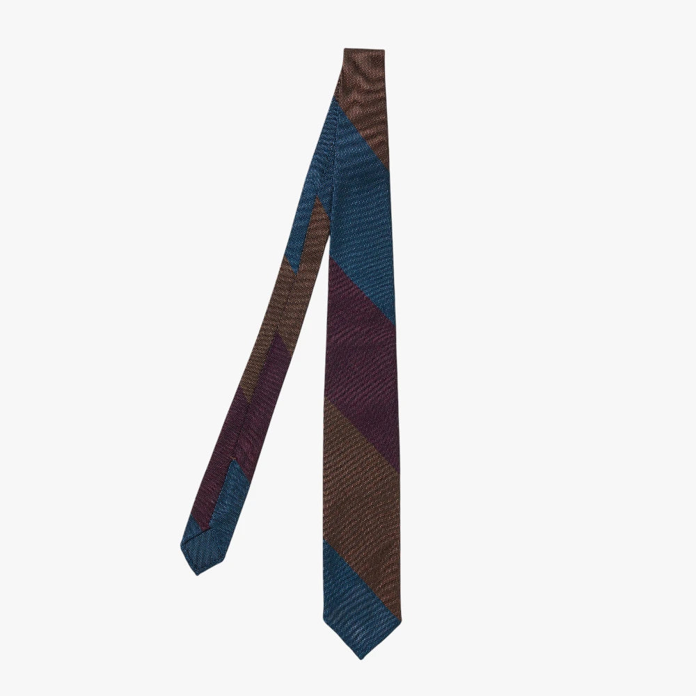 Full view of the F.Marino Striped Navy/Brown/Red 231-252 Silk Tie showing the multi-tone diagonal stripe pattern and rich color combination.