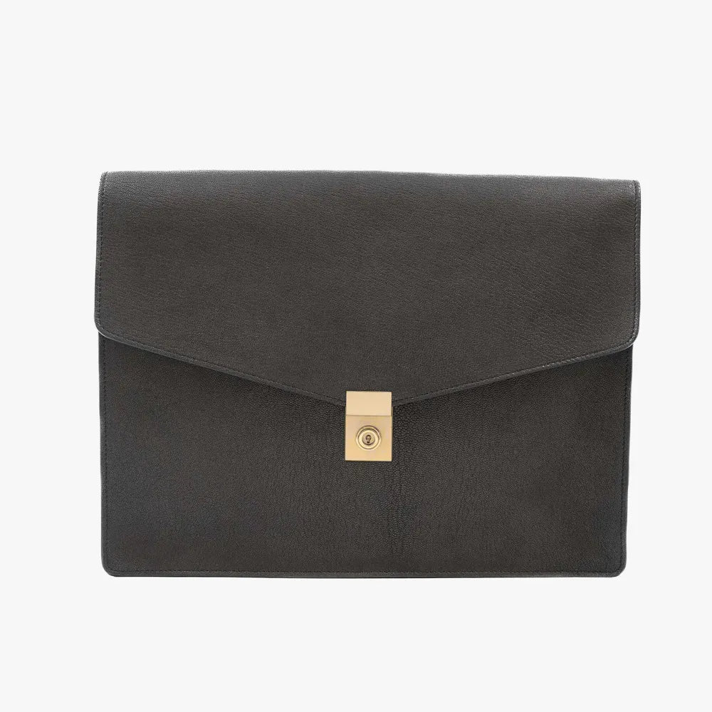 Front view of the Frank Clegg 15-inch Lock Portfolio Case in Goatskin Black