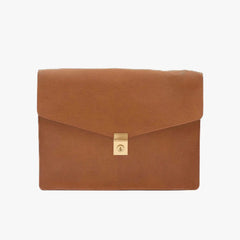Front view of the Frank Clegg 15-inch Lock Portfolio Case in Goatskin Camel