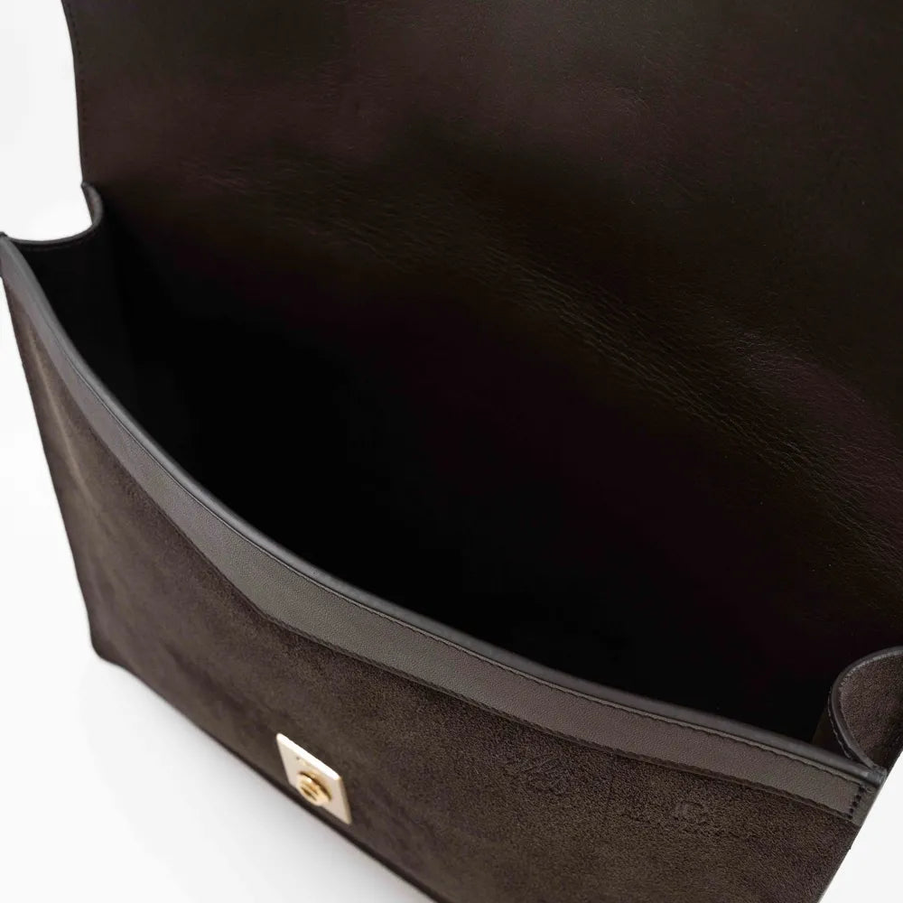 Gusset side view of the Frank Clegg 15-inch Lock Portfolio Case Suede Chocolate