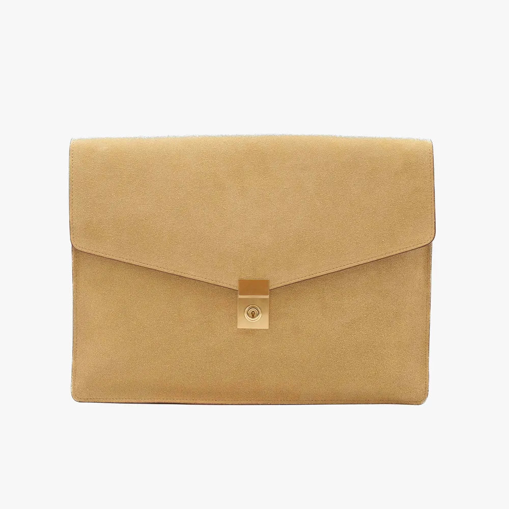 Front view of the Frank Clegg 15-inch Lock Portfolio Case in Suede Sand/Cognac