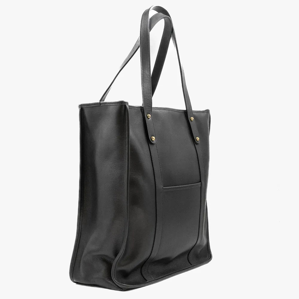 Side angle of the Frank Clegg Leather Market Tote Bag Black