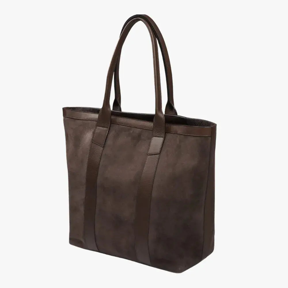 Front view of the Frank Clegg for Refinement Suede Tote Bag in Chocolate