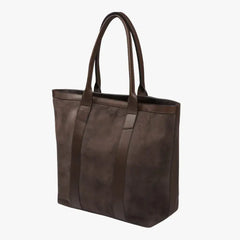 Front view of the Frank Clegg for Refinement Suede Tote Bag in Chocolate