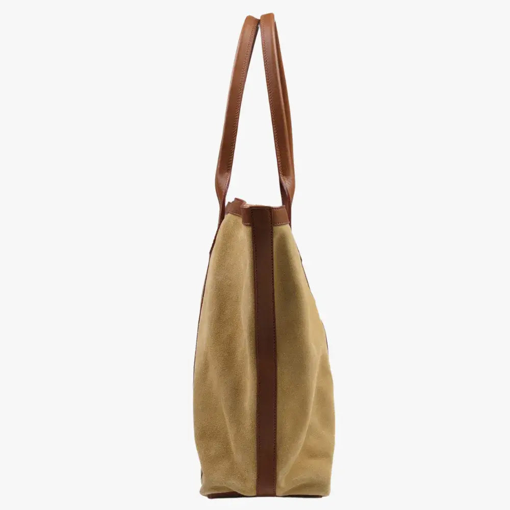 Side angle of the Frank Clegg for Refinement Suede Tote Bag Sand