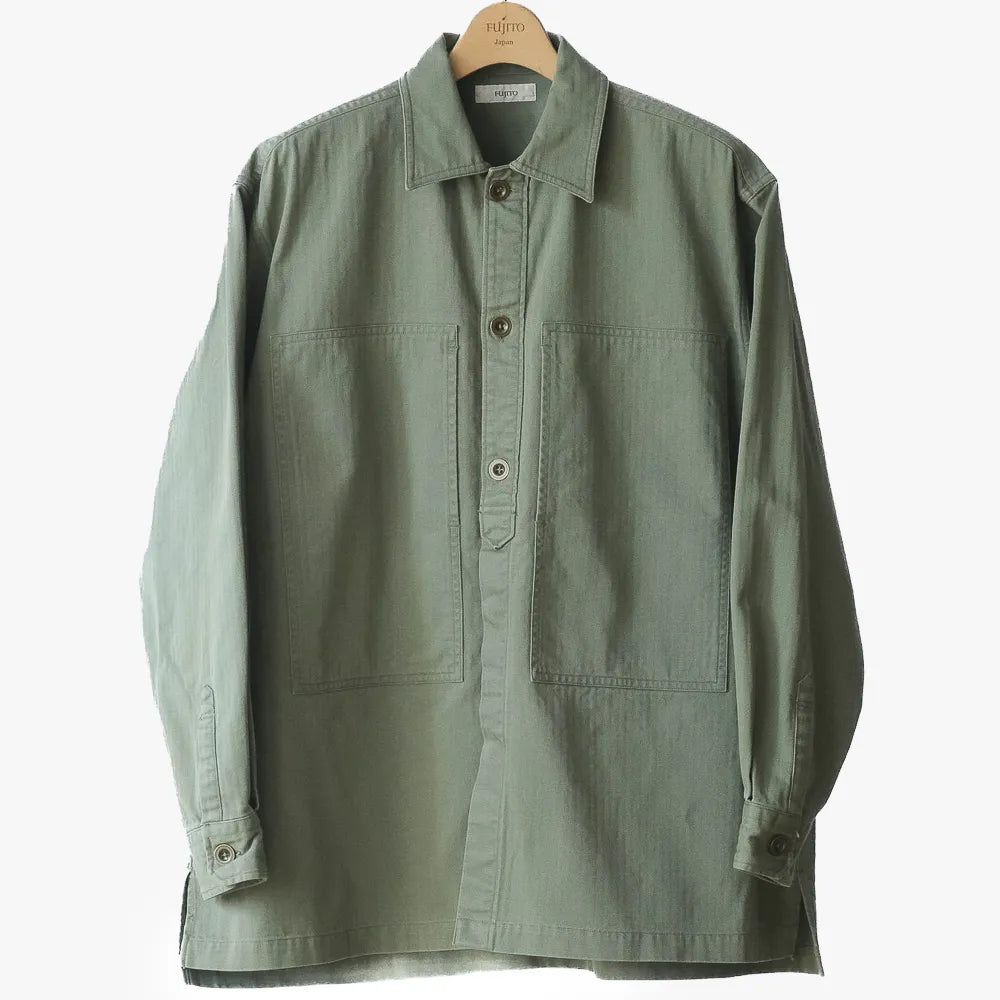 Front view of the Fujito Army Shirt in olive green showing the military-inspired design, button-front closure, and clean shirt silhouette.