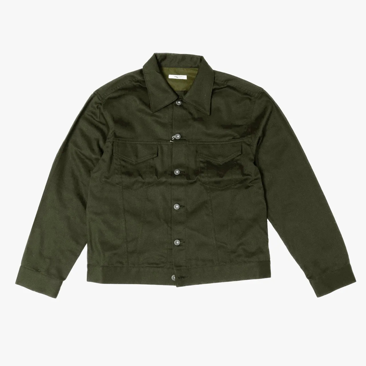Front view of the Fujito cowboy jacket in olive green featuring a clean silhouette and western-inspired design.
