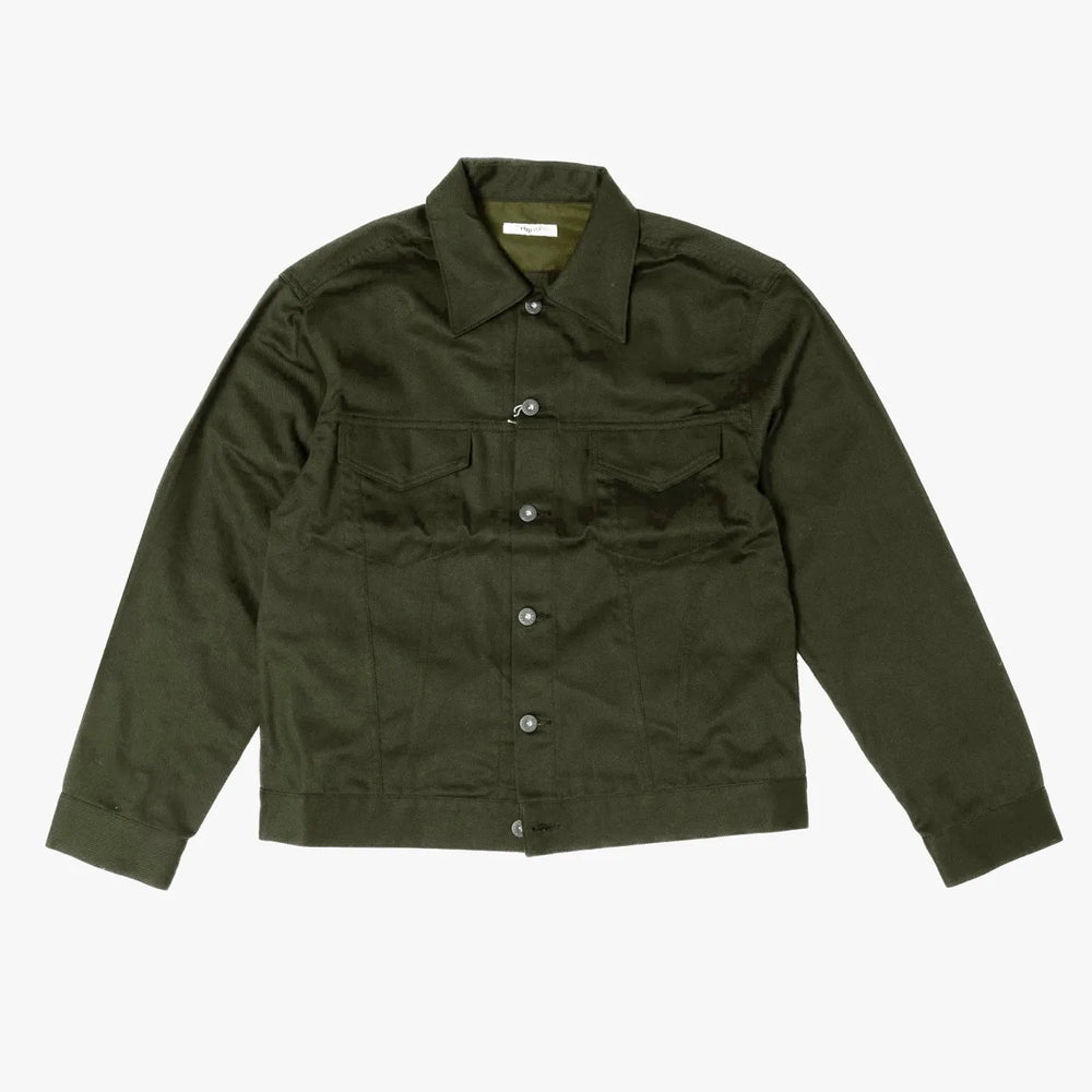 Front view of the Fujito cowboy jacket in olive green featuring a clean silhouette and western-inspired design.
