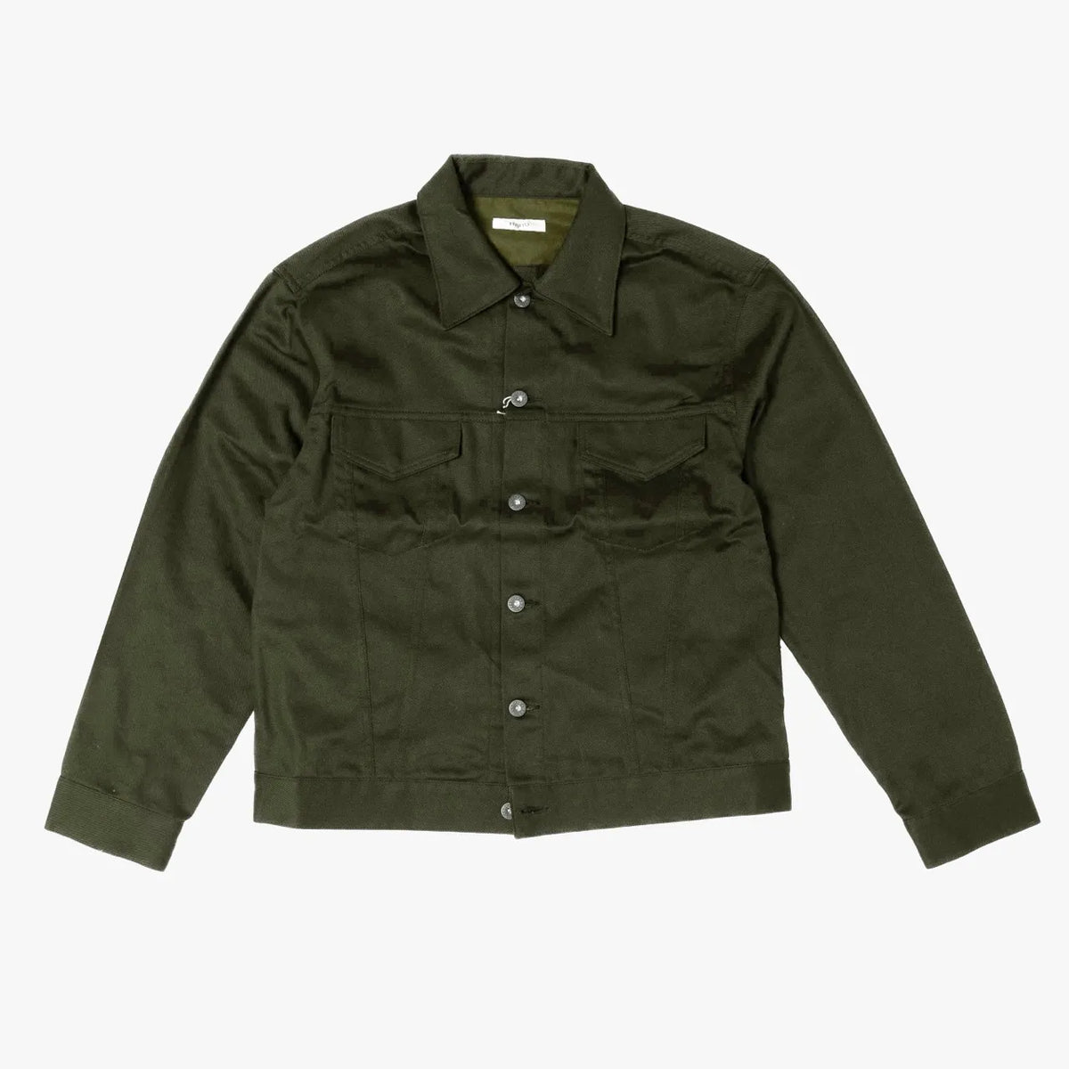 Front view of the Fujito cowboy jacket in olive green featuring a clean silhouette and western-inspired design.
