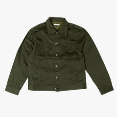 Front view of the Fujito cowboy jacket in olive green featuring a clean silhouette and western-inspired design.
