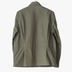 Back view of the Fujito Jungle Fatigue Jacket in olive green highlighting the relaxed fit, straight back panel, and balanced proportions.