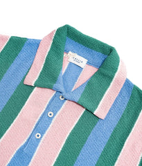Close-up of the collar of the Gallia Durant Polo in Green, Pink, and Blue, showing the color-block design and knit texture.