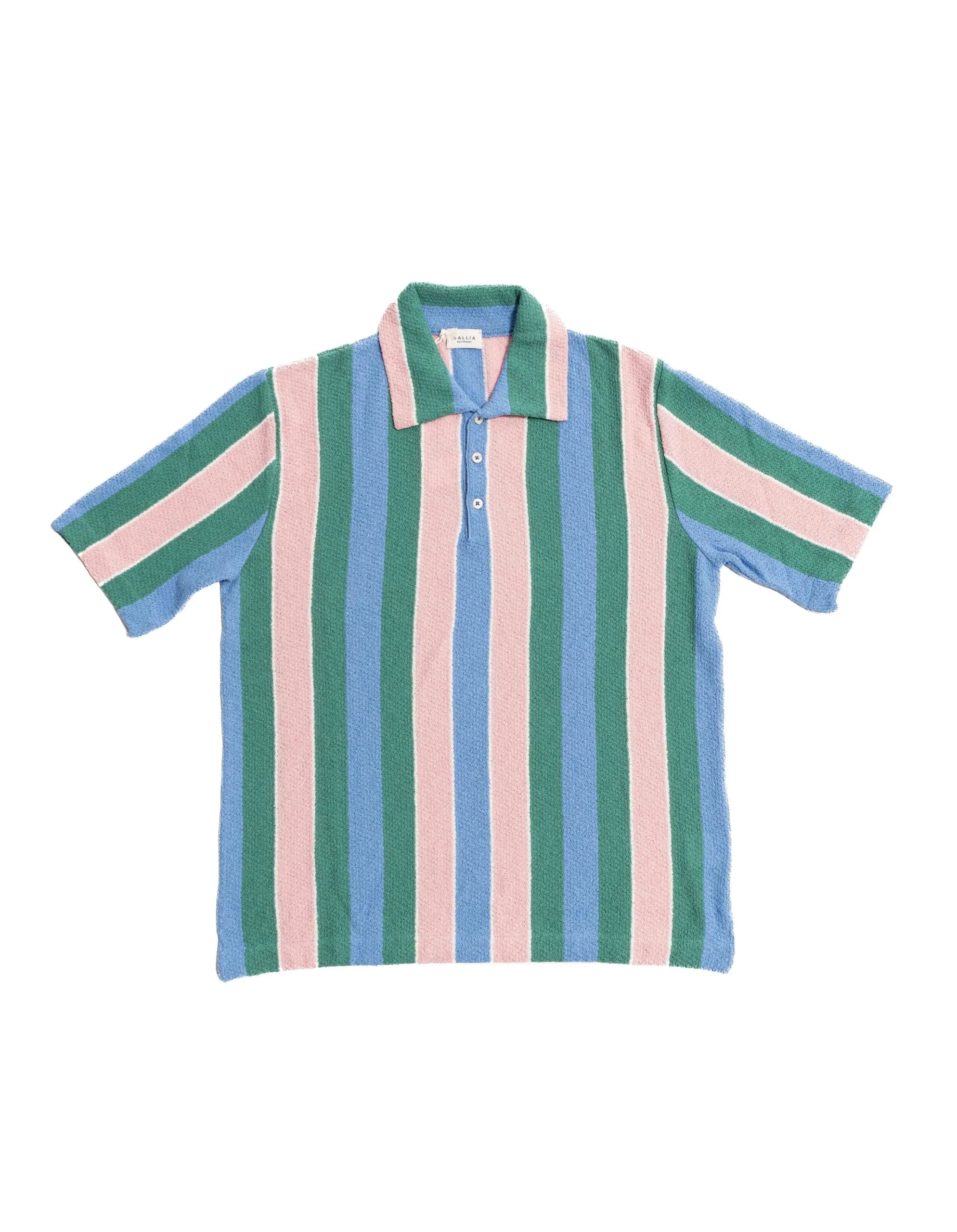 Front angle view of the Gallia Durant Polo in Green, Pink, and Blue, showing the bold color-block design.